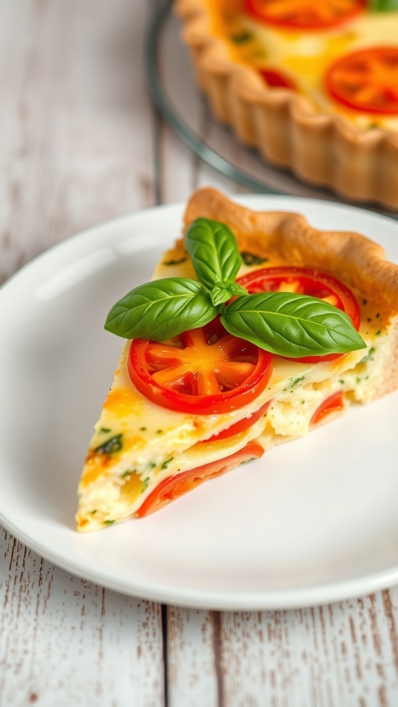 Three Cheese Tomato Quiche Recipe A slice of three cheese tomato quiche with cheese and tomatoes, garnished with basil on a rustic table.